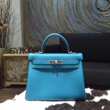 Hermes Kelly 28cm Togo Calfskin Bag Handstitched Palladium Hardware, Turquoise Blue 7B RS17657
