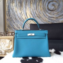 Hermes Kelly 32cm Togo Calfskin Bag Handstitched Palladium Hardware, Blue Turquoise 7B RS10567