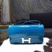 VIP Hermes Constance Elan 26cm Shiny Crocodile Skin Bag Handstitched Palladium Hardware, Blue Izmir 7W/Rouge Casque Q5 RS21423