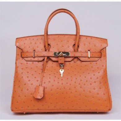 Replica Fashion Hermes Autruche Ostrich Birkin 35cm Bag Handstitched Gold Hardware Handstitched, Mousse Gray CK19 RS12398