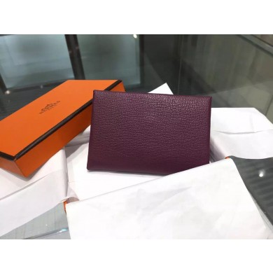 Best Hermes Calvi Card Holder Case Handstitched Taurillon Clemence Calfskin, Cassis N5 RS06344