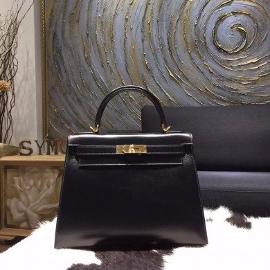 Best Replica Hermes Kelly 28cm Box Calfskin Sellier Rigide Bag Handstitched Gold Hardware, Noir RS15928