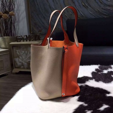 Copy Hermes Bi-Color Picotin Lock Bag 22cm Taurillon Clemence Palladium Hardware Hand Stitched, Orange CC93/Gris Tourterelle CK81 RS19960