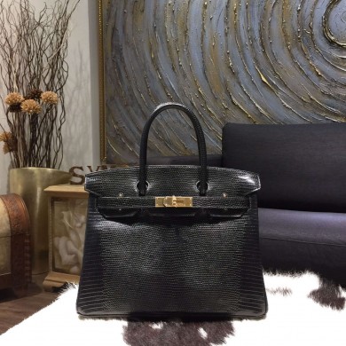 Copy Hermes Birkin 30cm Lizard Skin Original Leather Bag Handstitched Gold Hardware, Noir Black RS02780