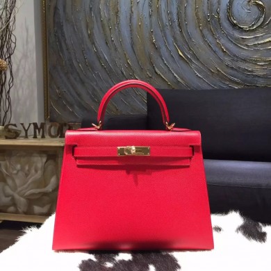 Copy Hermes Kelly 32cm Sellier Rigide Bag Epsom Calfskin Handstitched Gold Hardware Handstitched, Rouge Casaque Q5 RS15990