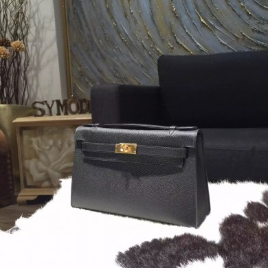 Fake Fake Hermes Mini Kelly Pochette 22cm Epsom Calfskin Leather Gold Hardware, Noir RS21286