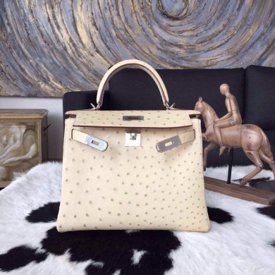 Fake Hermes Autruche Ostrich Kelly 28cm Bag Handstitched Palladium Hardware, Parchemin 3C RS11421