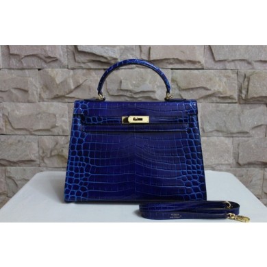 Fake Hermes Shiny Alligator Birkin 35cm Bag Hand Stitched Palladium Hardware, Blue Tempete N7 RS01834