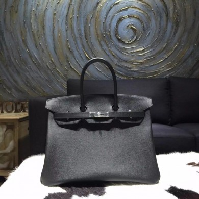 Fashion Hermes Birkin 35cm Epsom Calfskin Leather Bag Palladium Hardware Handstitched, Noir CK89 RS05029