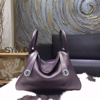 Hermes Bi-Color Lindy 30cm Taurillon Clemence Calfskin Bag Hand Stitched, Raisin CK59, Ultraviolet 5L RS03743