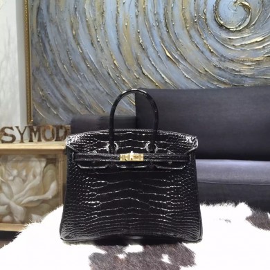 Hermes Birkin 25cm Shiny Alligator Crocodile Gold Hardware Handstitched, Noir RS09301