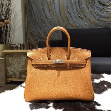 Hermes Birkin 25cm Togo Calfskin Bag Handstitched Silver Hardware, Gold CK37 RS16619