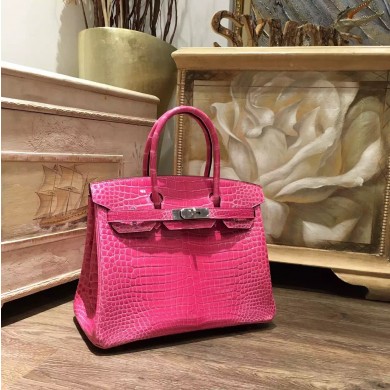 Hermes Birkin 30cm Shiny Alligator Crocodile Palladium Hardware Handstitched, Fuschia Pink 5J RS10604