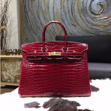 Hermes Birkin 35cm Shiny Alligator Crocodile Gold Hardware Handstitched, Bordeaux CK57 RS18710