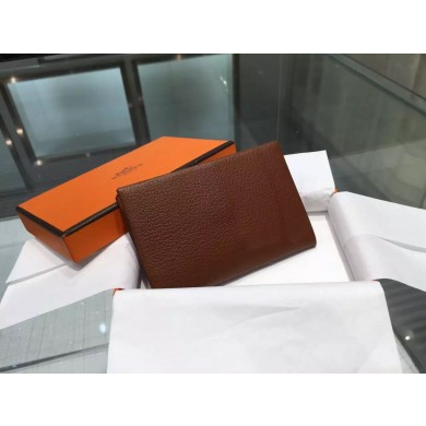 Hermes Calvi Card Holder Case Handstitched Taurillon Clemence Calfskin, Marron Fonce RS06625