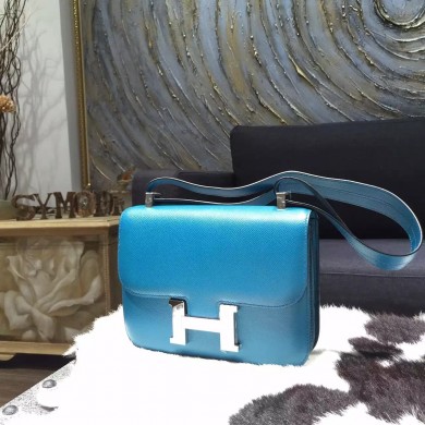 Hermes Constance 23cm Epsom Calfskin Handstitched Palladium Hardware, Blue Izmir 7W RS10860