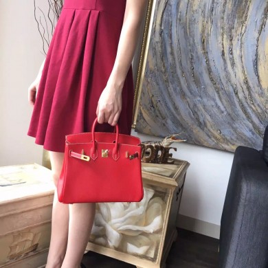 Hermes Horseshoe Birkin 25cm Epsom Calfskin Original Leather Bag Handstitched Gold Hardware, Rouge Casaque Q5/Blue Thalassa 7A Interior RS19257