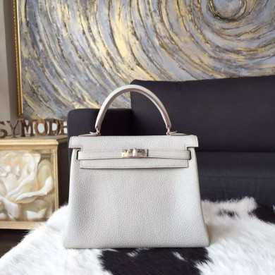 Hermes Kelly 25cm Togo Calfskin Original Leather Bag Handstitched Palladium Hardware, Pearl Grey CK80 RS15457