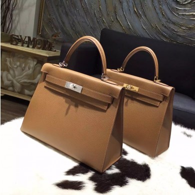 Hermes Kelly 28cm/32cm Epsom Calfskin Bag Handstitched Palladium/Gold Hardware, Alezan 3G RS09239