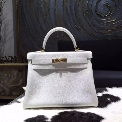 Hermes Kelly 28cm/32cm Togo Calfskin Bag Handstitched Gold Hardware, Blanc RS06806