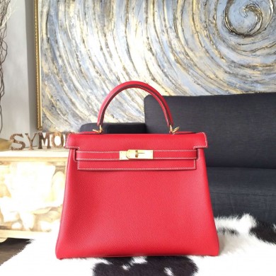 Hermes Kelly 28cm Epsom Calfskin Original Leather Bag Handstitched Gold Hardware, Rouge Casaque Q5/Blue Thalassa 7A Interior RS06866