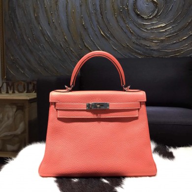 Hermes Kelly 28cm Taurillon Clemence Calfskin Original Leather Bag Handstitched Gold Hardware, Crevette RS05182