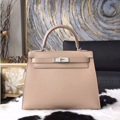 Hermes Kelly 28cm Tedelakt Box Calfskin Bag Palladium Hardware Handstitched, Argile 1F RS18325