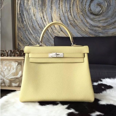 Hermes Kelly 28cm Togo Calfskin Bag Handstitched Palladium Hardware, Jaune Poussin 1Z RS07903