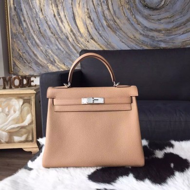 Hermes Kelly 28cm Togo Calfskin Bag Handstitched Palladium Hardware, Tabac Camel CK24 RS06912