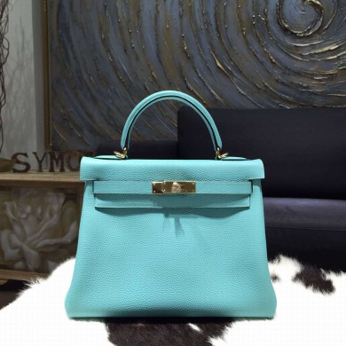 Hermes Kelly 28cm Togo Calfskin Original Leather Bag Handstitched Gold Hardware, Blue Atoll 3P RS11364