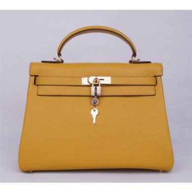 Hermes Kelly 32cm Togo Calfskin Bag Handstitched Gold Hardware, Jaune Poussin 1Z RS03199