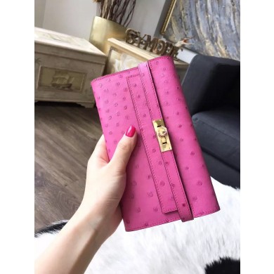 Hermes Kelly Wallet Autruche Ostrich Skin Handstitched Gold Hardware, Fuschia Pink 5J RS06676