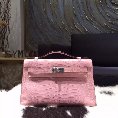 Hermes Mini Kelly Pochette 22cm Matte Alligator Crocodile Skin Palladium Hardware Handstitched, Pink 5P RS02809