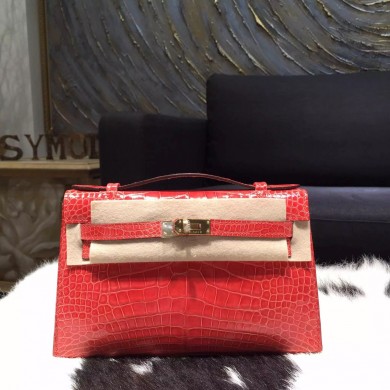 Hermes Mini Kelly Pochette 22cm Shiny Alligator Palladium Hardware Handstitched, Bougainvillier A5 RS21382