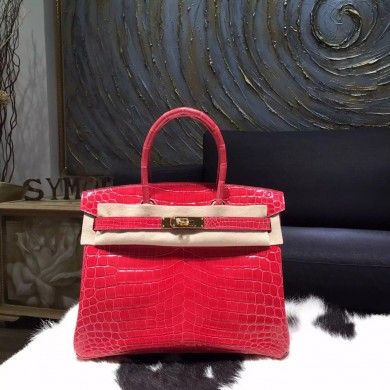 Hermes Shiny Alligator Crocodile Birkin 30cm Gold Hardware Handstitched, Bougainvillier A5 RS17006