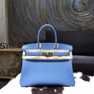 High Imitation Hermes Birkin 30cm Taurillon Clemence Calfskin Original Leather Bag Handstitched Gold Hardware, Blue Paradise 2T RS14467