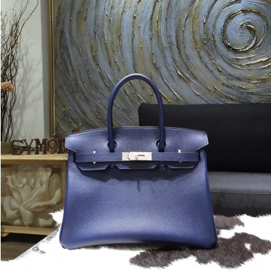 High Quality Fake Hermes Birkin 30cm Epsom Calfskin Bag Handstitched Palladium Hardware, Blue Saphir CK73 RS20083