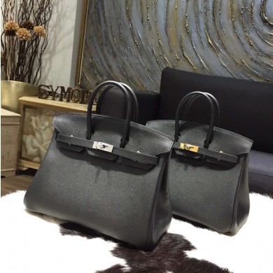 Imitation Hermes Birkin 25cm Epsom Calfskin Bag Handstitched Gold/Palladium Hardware, Noir CK89 RS13143