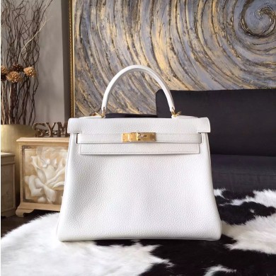 Imitation Hermes Kelly 25cm/28cm/32cm Togo Calfskin Bag Handstitched Gold/Palladium Hardware, Blanc RS20946