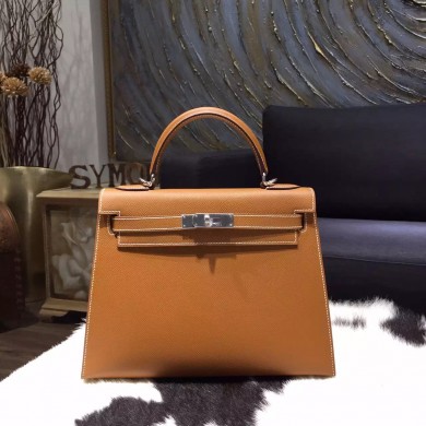 Imitation Hermes Kelly 28cm Epsom Calfskin Sellier Rigide Bag Handstitched Palladium Hardware, Gold CK37 RS05874