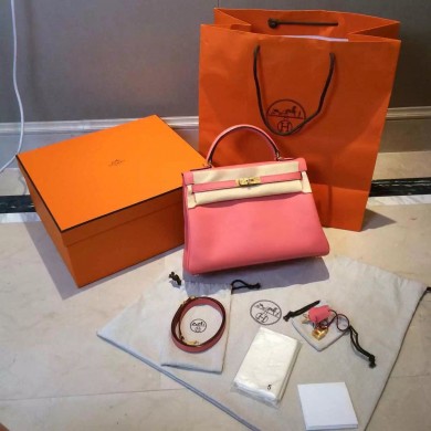 Replica AAA Hermes Kelly 32cm Togo Calfskin Original Leather Bag Handstitched Gold Hardware, Rose Lipstick RS11511