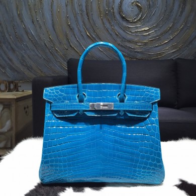 Replica Beautiful Hermes Shiny Alligator Crocodile Birkin 30cm Palladium Hardware Handstitched, Blue Izmir 7W RS05598