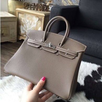 Replica Hermes Birkin 25cm Togo Calfskin Bag Handstitched Palladium Hardware, Etoupe CK18 Contrast Stitching RS15009