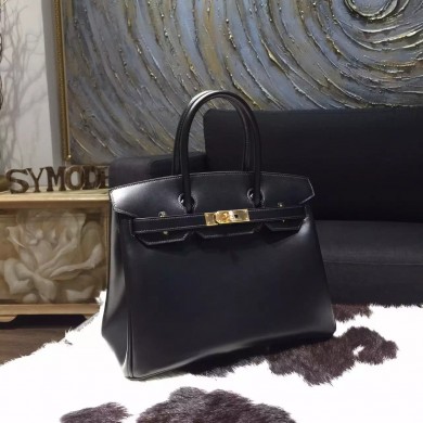 Replica Hermes Birkin 30cm Box Calfskin Bag Handstitched Gold Hardware, Black Noir RS02394