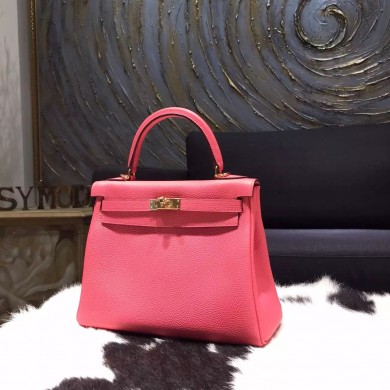 Replica Hermes Kelly 25cm Taurillon Clemence Calfskin Original Leather Bag Handstitched Gold Hardware, Rose LIpstick U5 RS08912