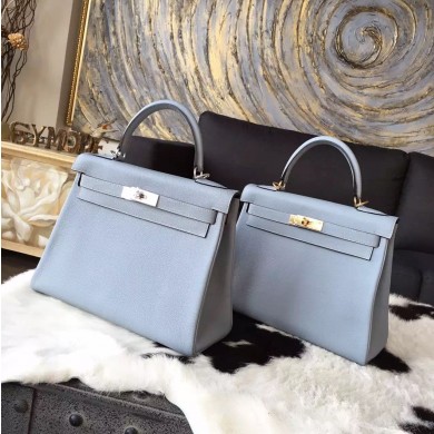 Replica Hermes Kelly 28cm/32cm Taurillon Clemence Bag Handstitched Palladium/Gold Hardware, Blue Lin J7 RS16531