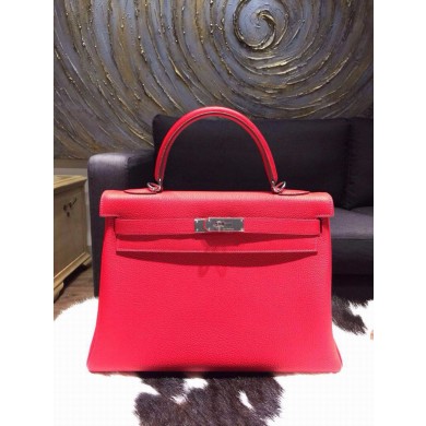 Replica Hermes Kelly 32cm Togo Calfskin Palladium Hardware Handstitched, Rouge Casaque Q5 RS18766