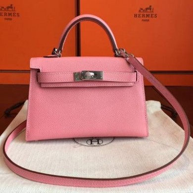 Replica Hermes Kelly Mini II Bag In Original leather 20cm Silver Hardware Pink Bag RS26215