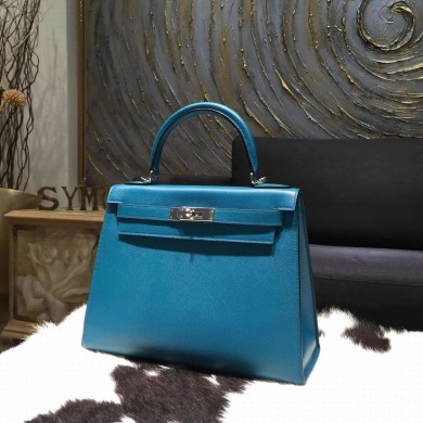 Replica Hot Hermes Kelly 28cm Epsom Calfskin Original Leather Bag Handstitched Palladium Hardware, Blue Izmir 7W RS00938