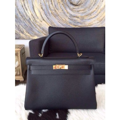 Top Hermes Kelly 32cm Epsom Palladium Hardware Handstitched, Noir RS03776